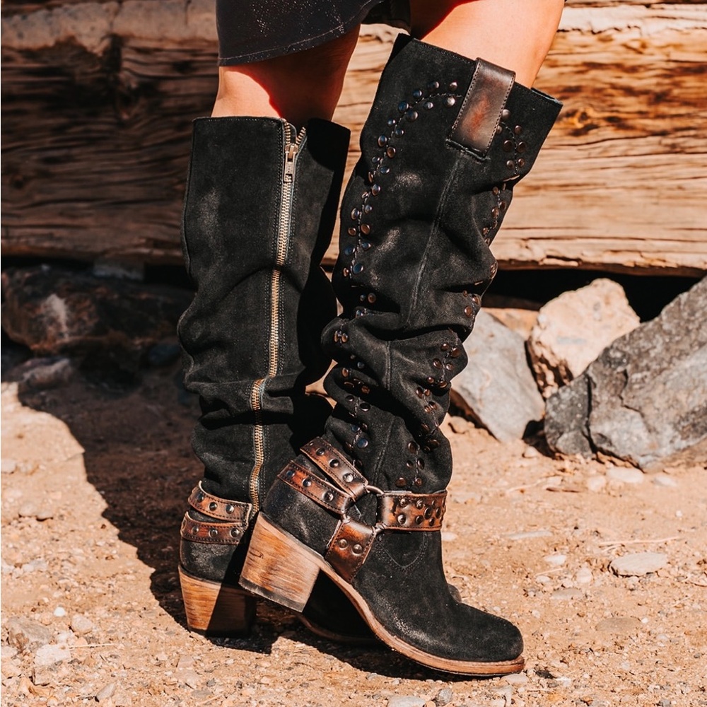 Women's Black Suede Studded Boots